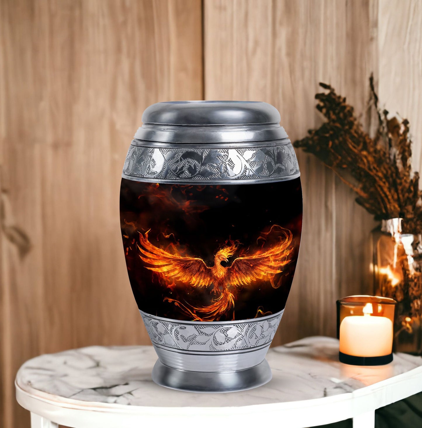 Classic Fire Phoenix Memorial Urn in Aluminium.
