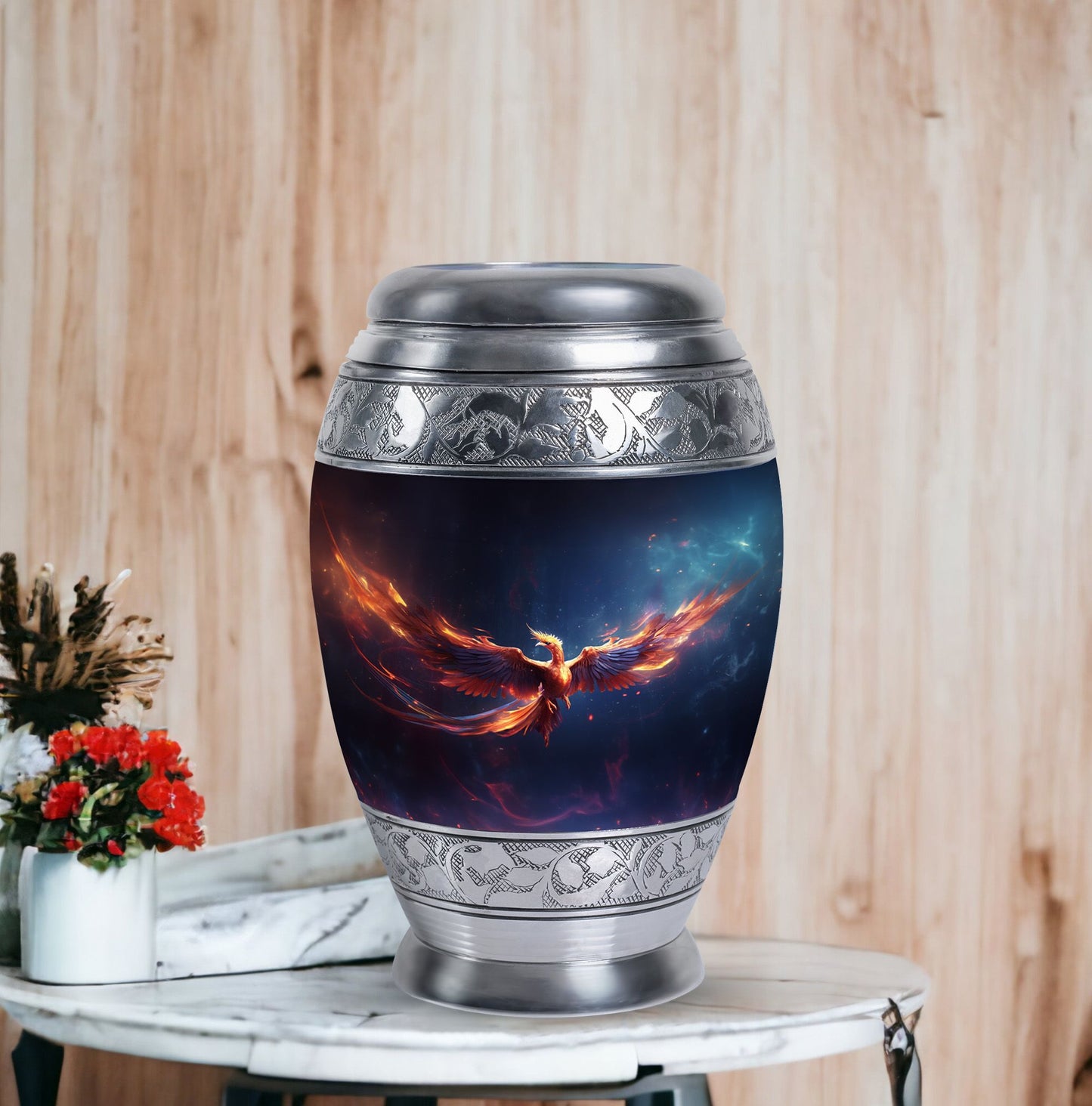 Red and Blue Phoenix Cremation Urn, Classic Large Burial Urn