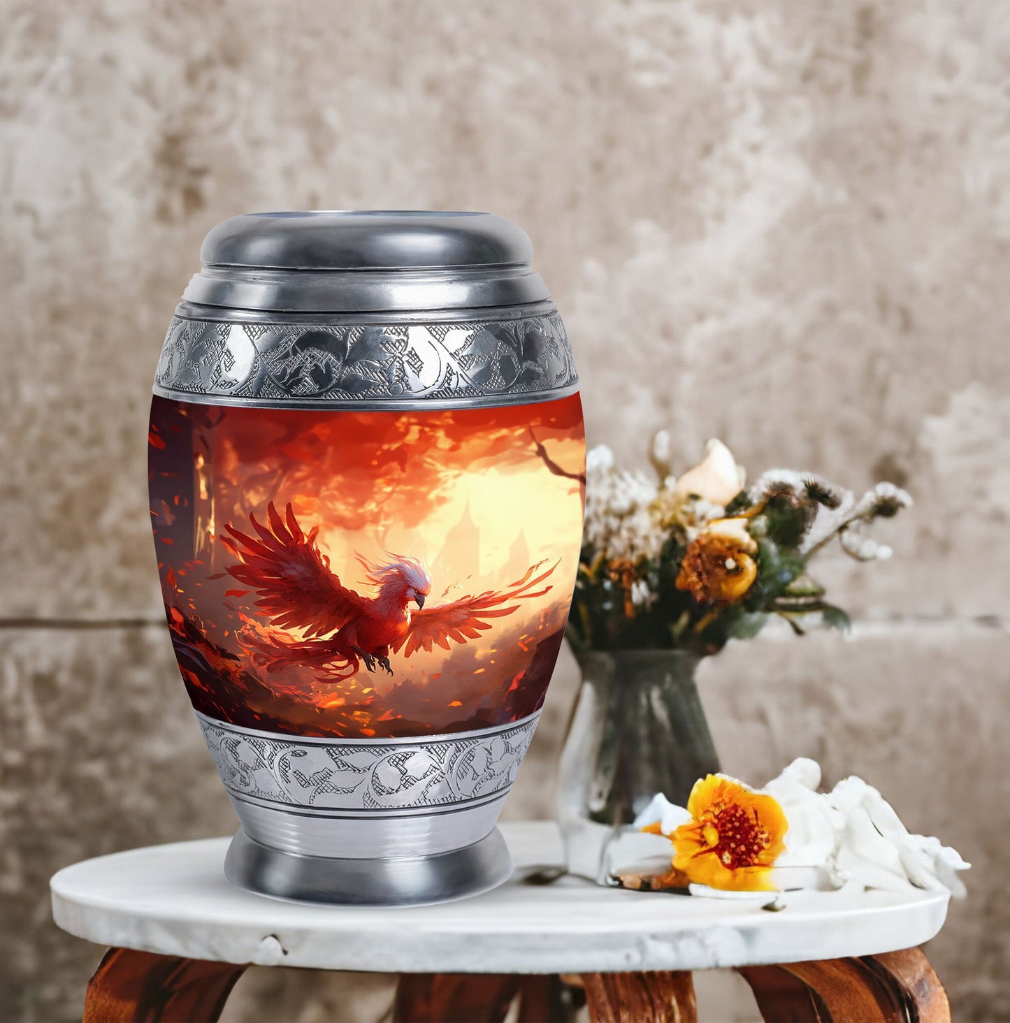 Red Phoenix Classic 3-inch Metal Urn for Human Ashes.