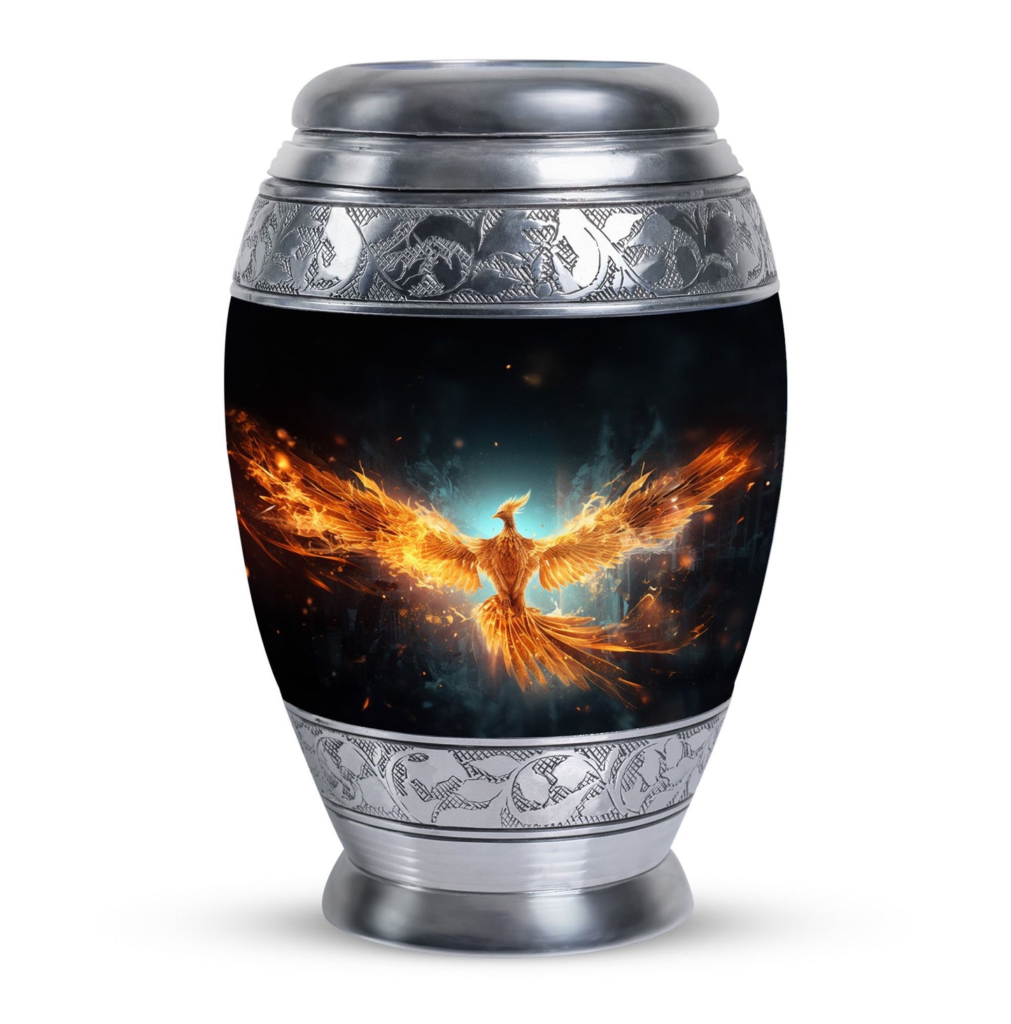 Large Yellow Phoenix Cremation Urn, aluminium made.