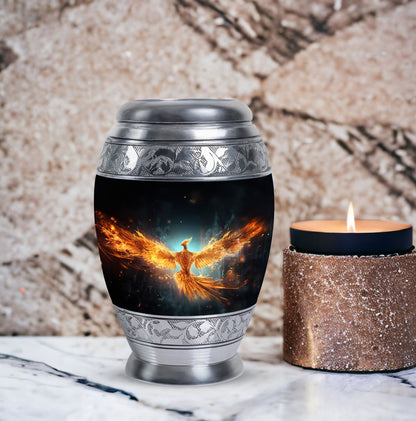 Large Yellow Phoenix Cremation Urn, aluminium made.