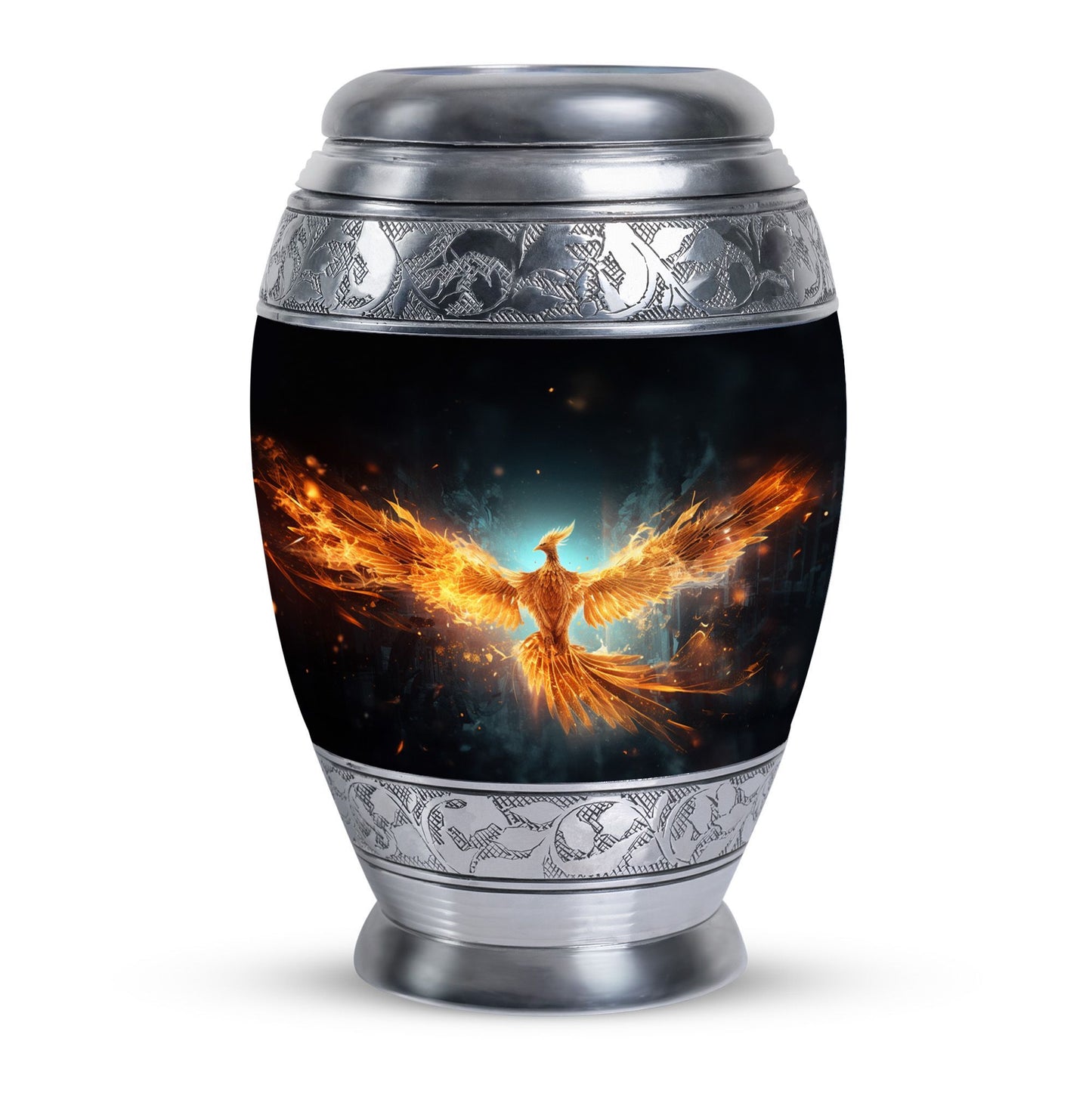 Large Yellow Phoenix Cremation Urn, aluminium made.