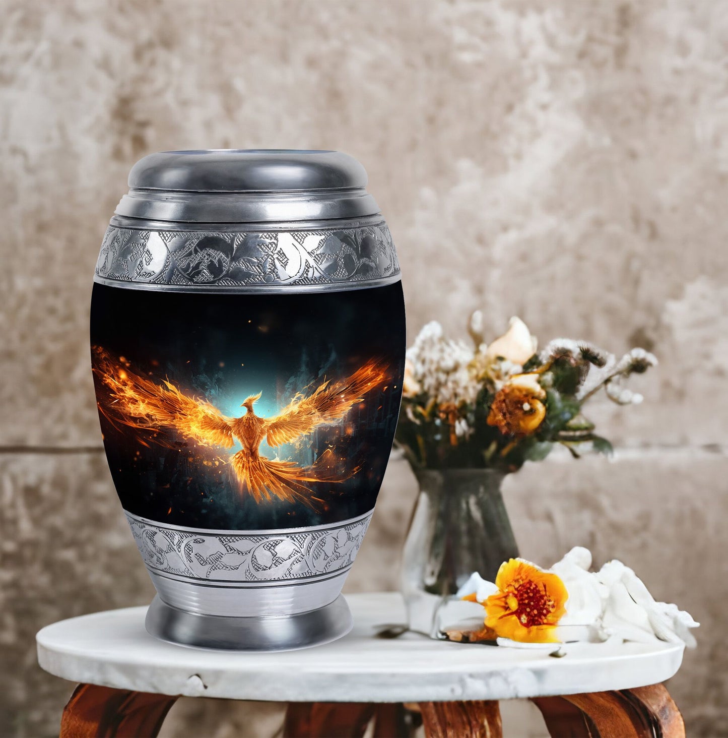 Large Yellow Phoenix Cremation Urn, aluminium made.