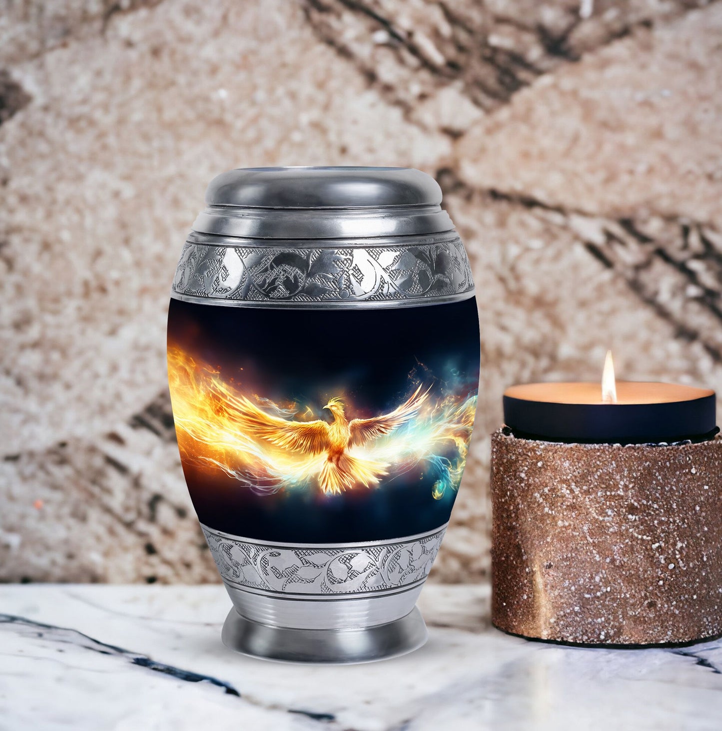 Yellow Phoenix Urn, Unique aluminium Urn for Human Ashes