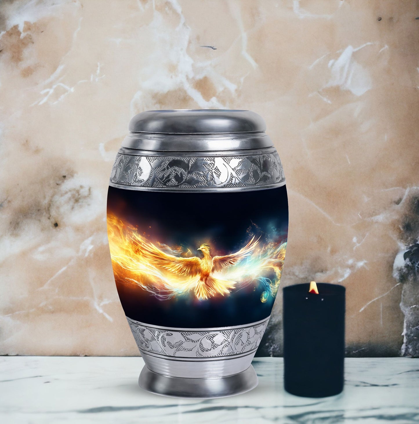 Yellow Phoenix Urn, Unique aluminium Urn for Human Ashes
