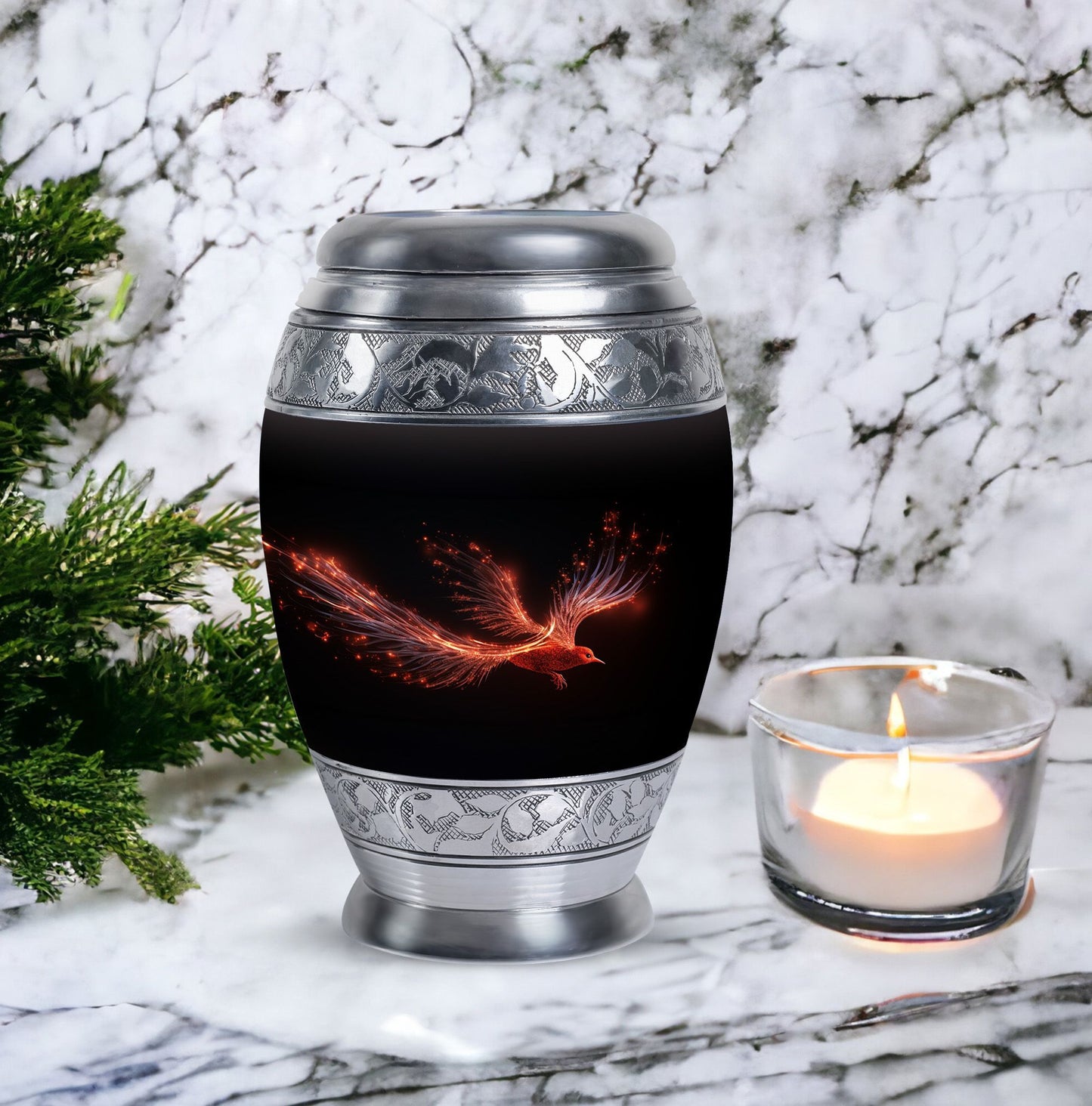Red Sparrow Classic Urn, unique aluminium cremation.