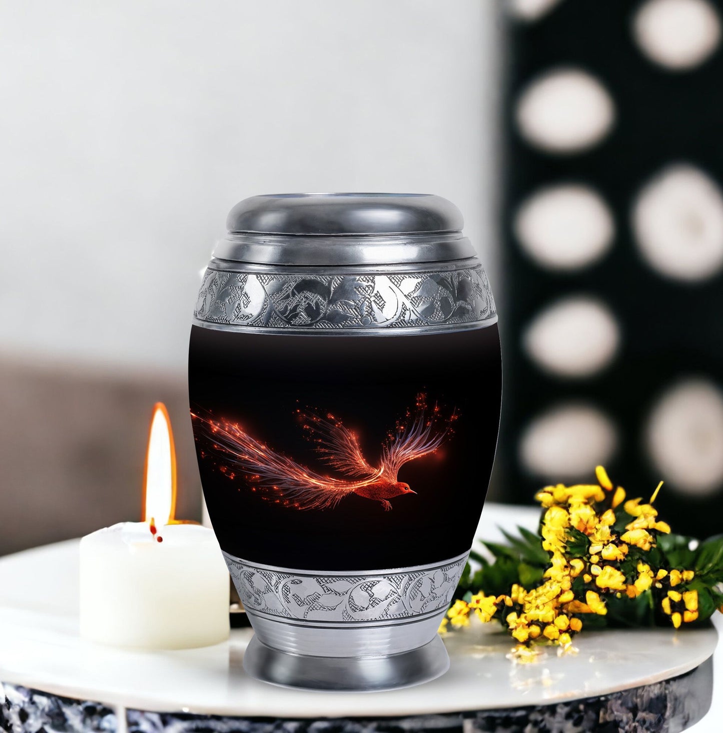 Red Sparrow Classic Urn, unique aluminium cremation.
