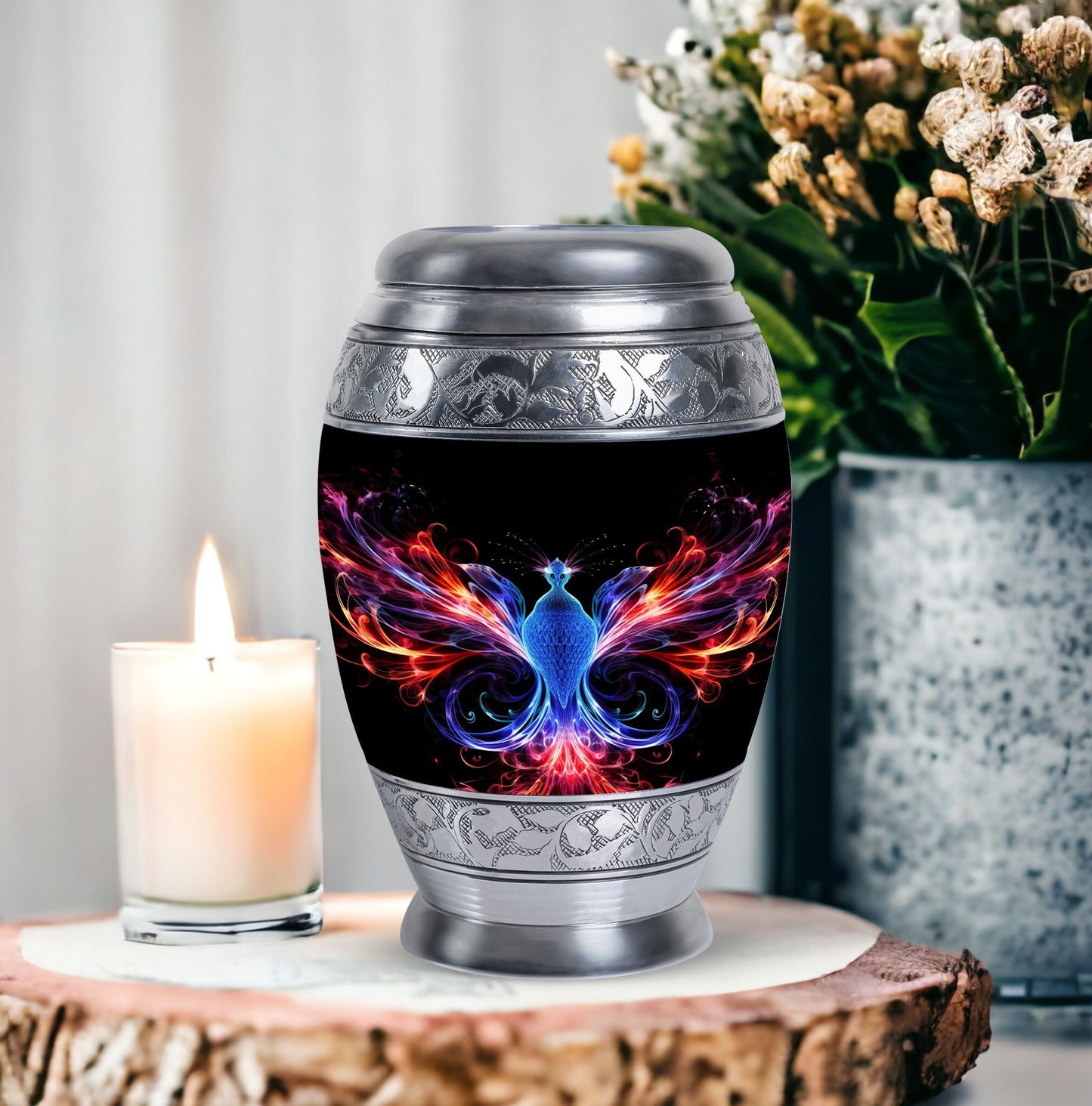 Colorful phoenix 3-inch aluminium cremation urn.