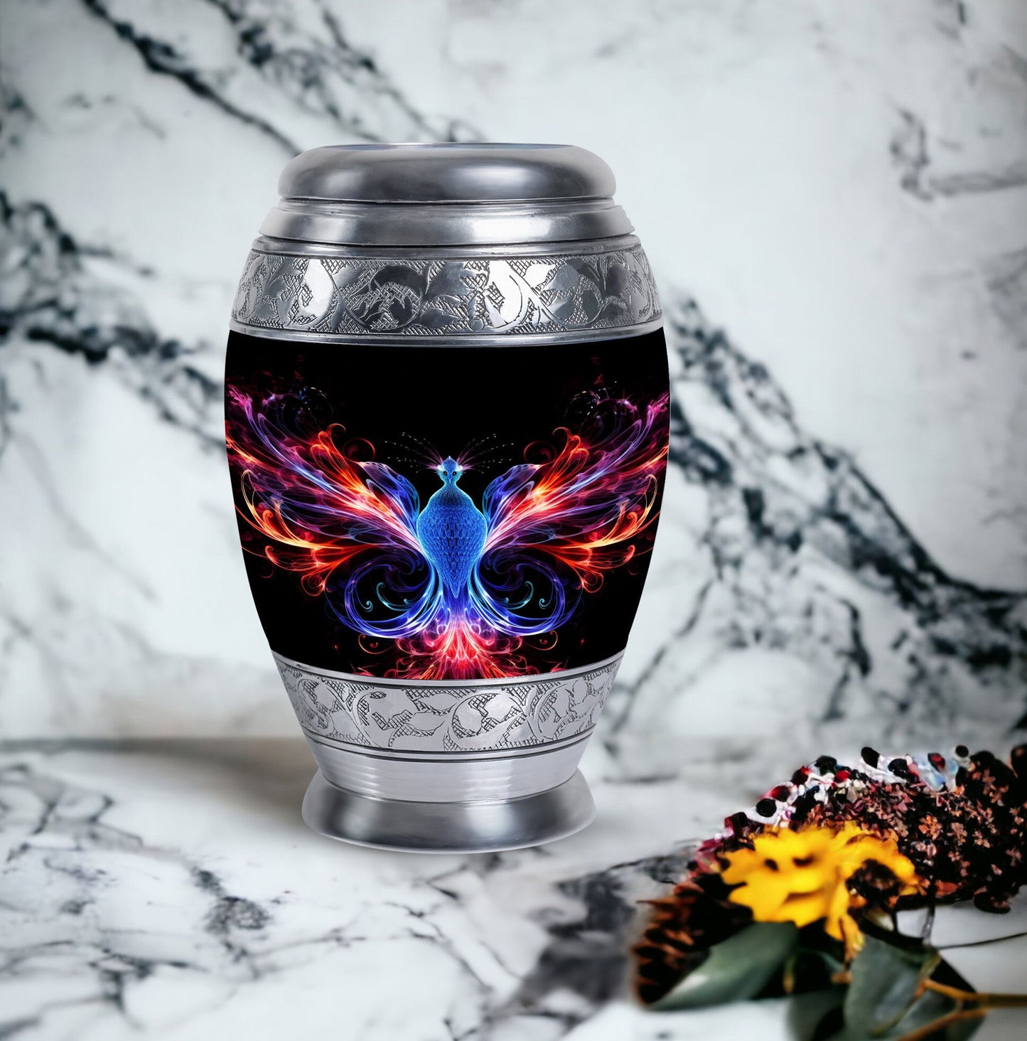 Colorful phoenix 3-inch aluminium cremation urn.