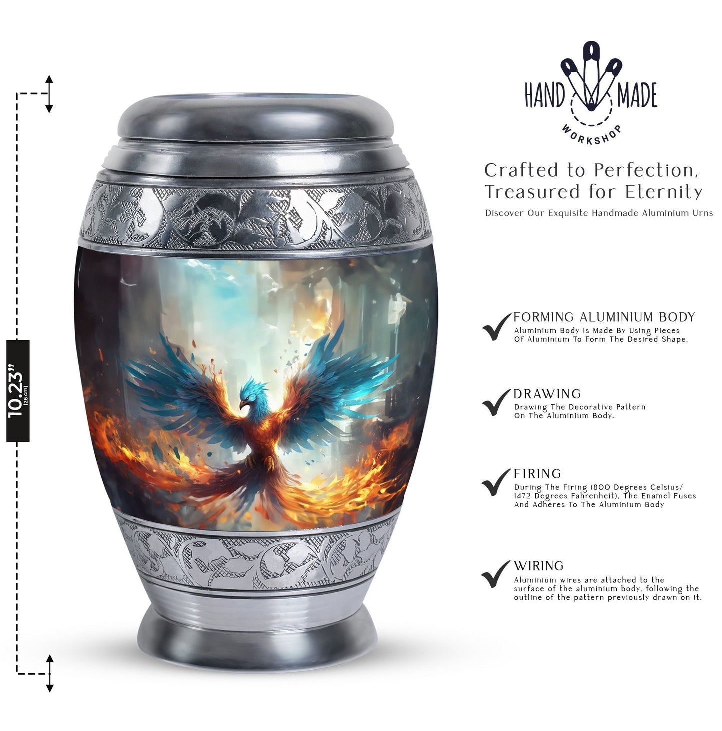 Blue Phoenix Urn, classic adult cremation urn for ashes.
