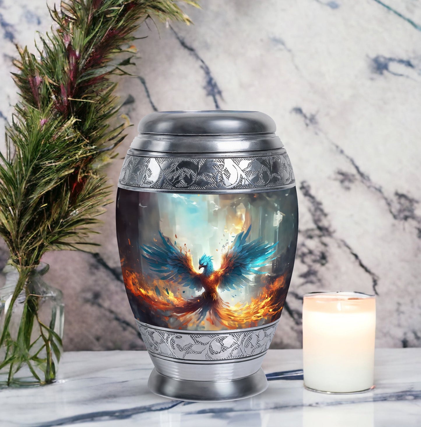 Blue Phoenix Urn, classic adult cremation urn for ashes.
