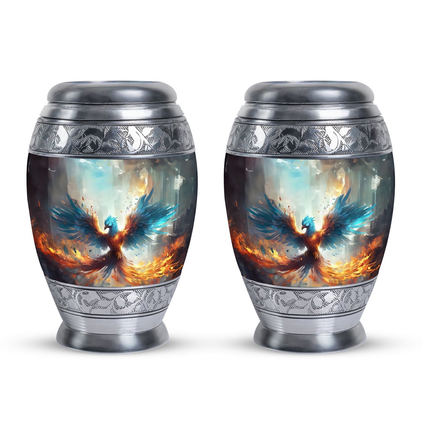 Blue Phoenix Urn, classic adult cremation urn for ashes.