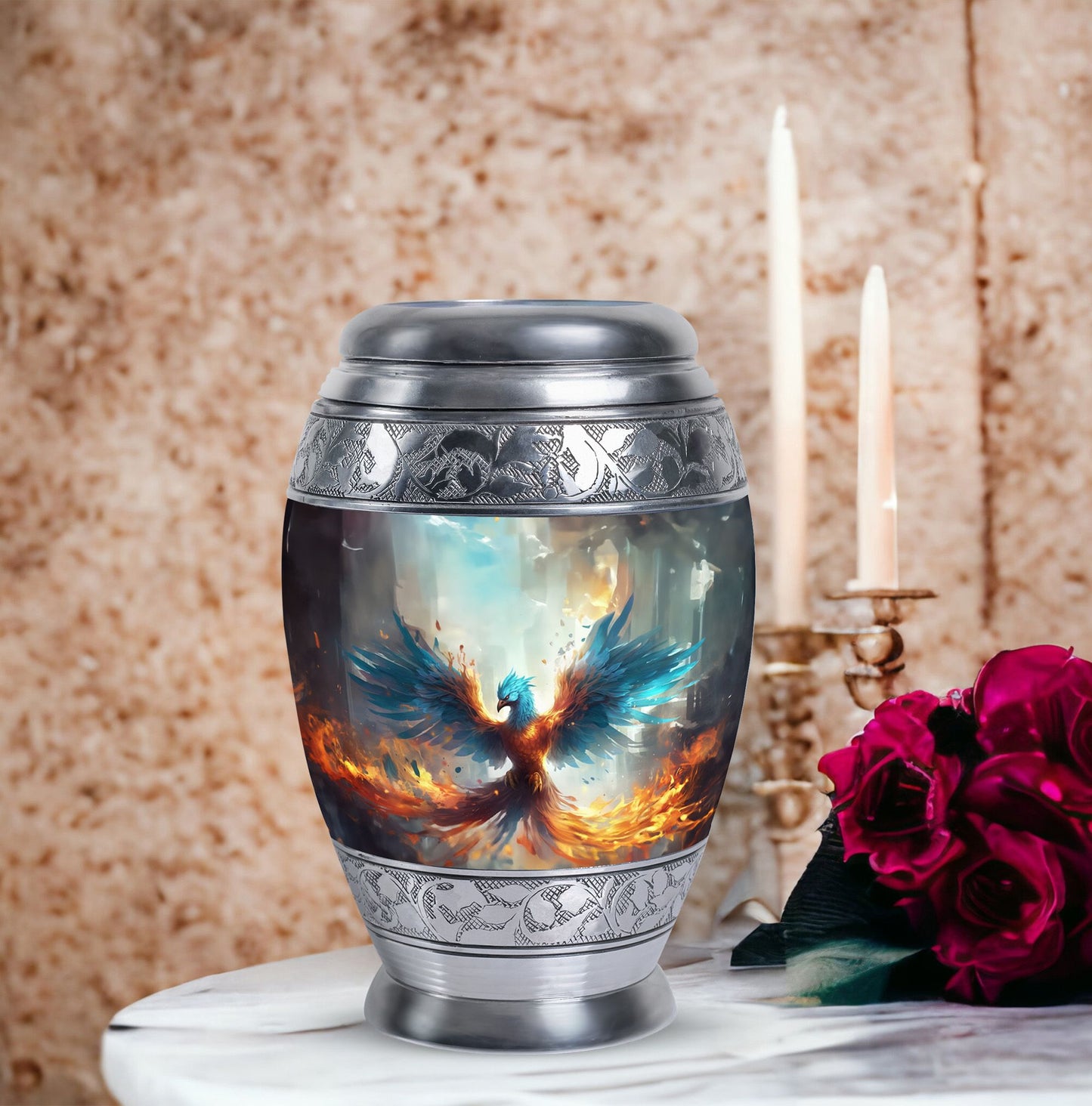 Blue Phoenix Urn, classic adult cremation urn for ashes.