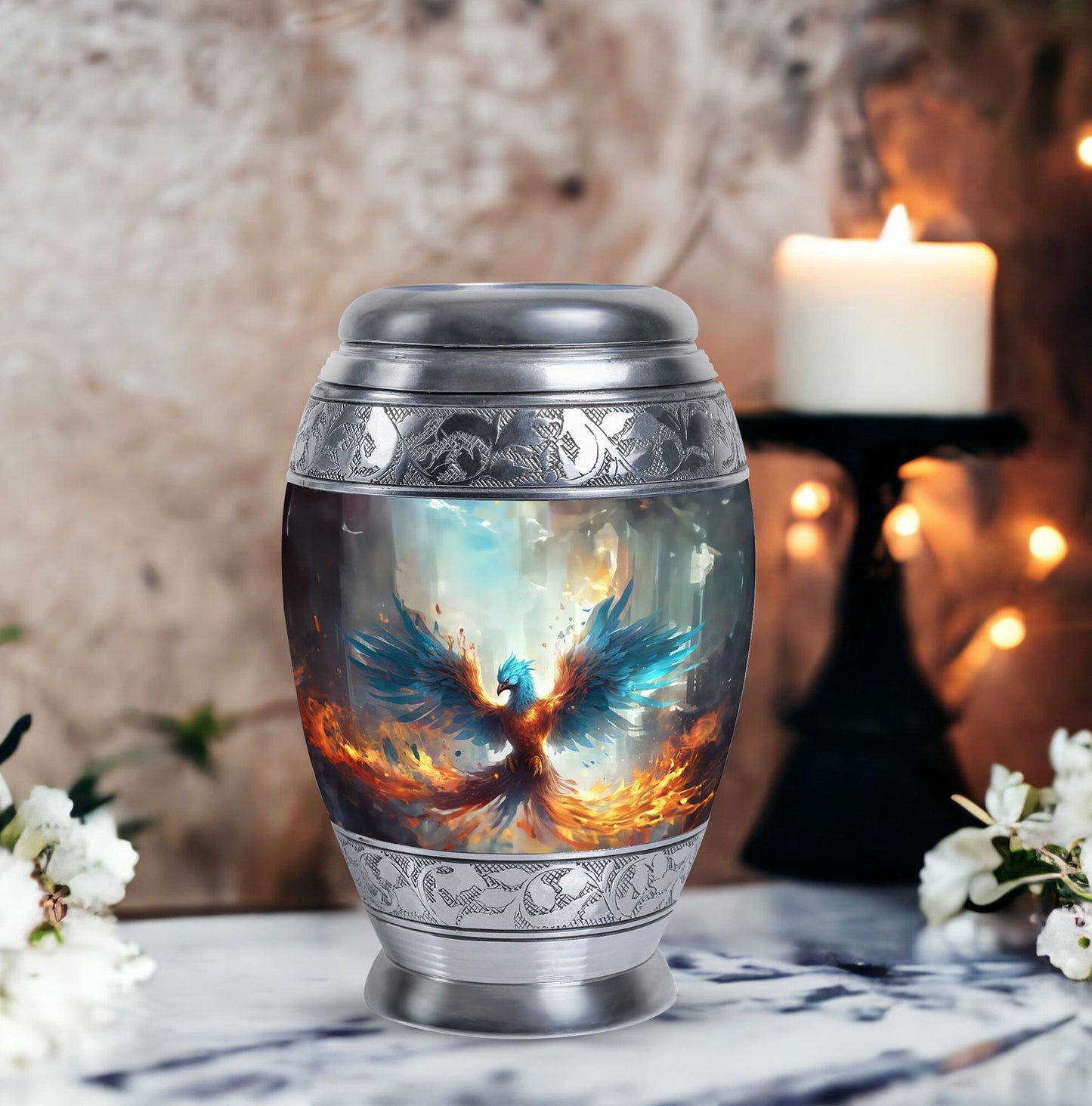 Blue Phoenix Urn, classic adult cremation urn for ashes.