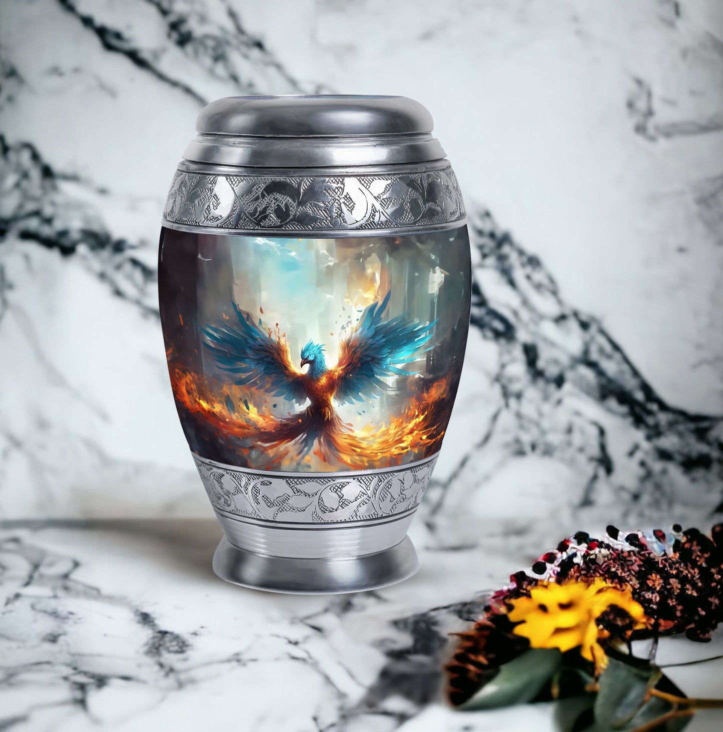 Blue Phoenix Urn, classic adult cremation urn for ashes.