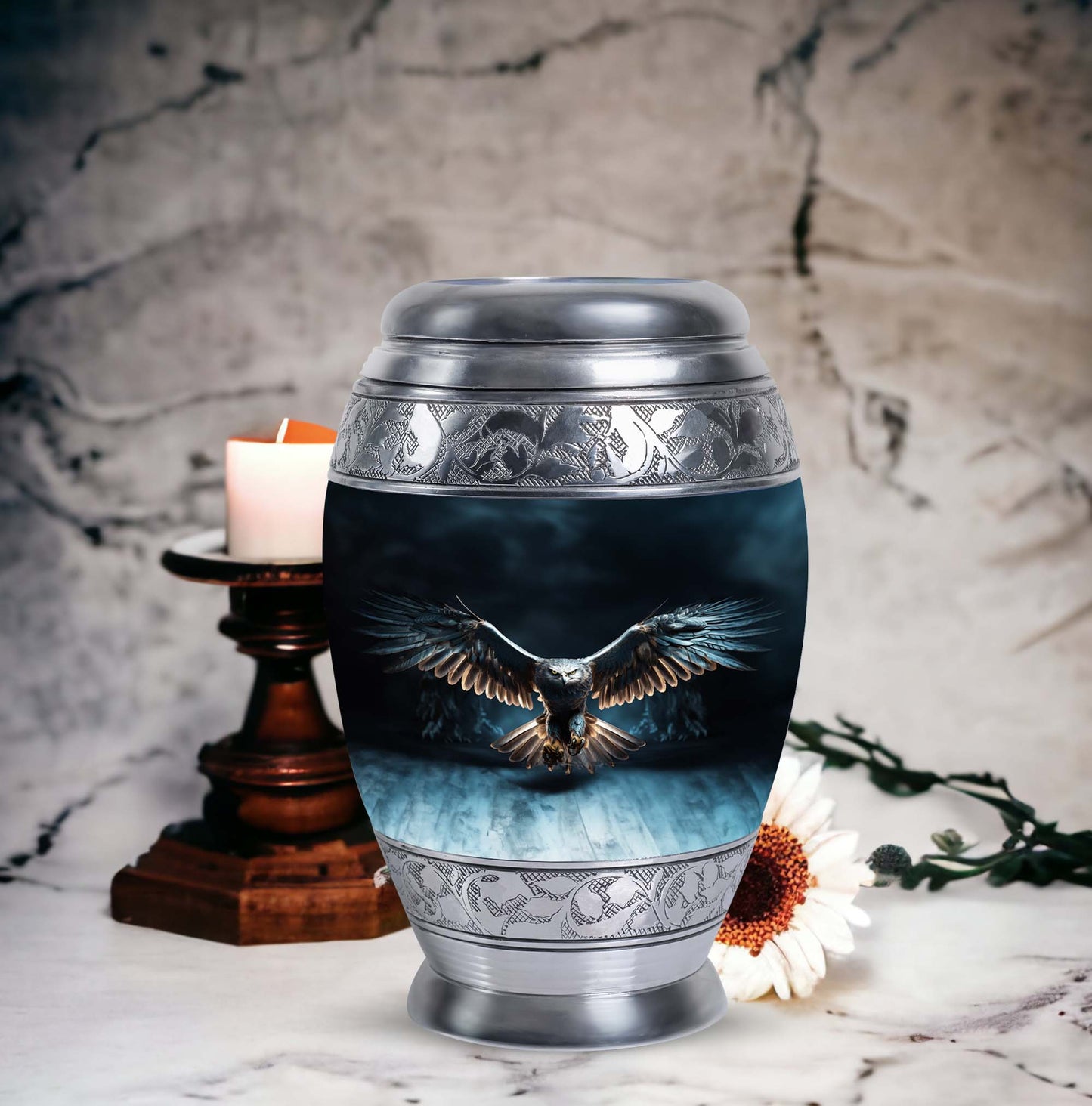 Classic 10-inch eagle urn for human ashes, aluminum.