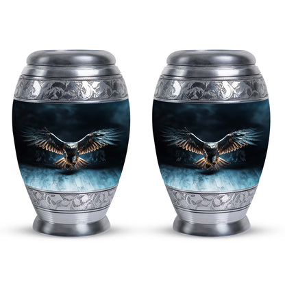 Classic 10-inch eagle urn for human ashes, aluminum.
