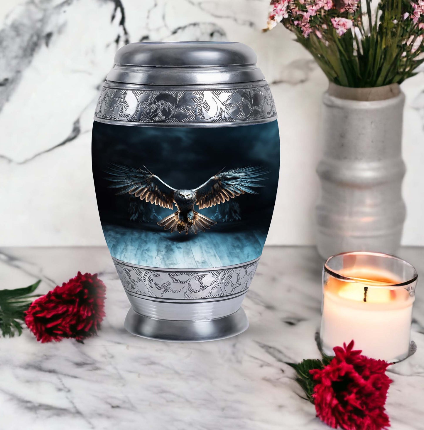 Classic 10-inch eagle urn for human ashes, aluminum.
