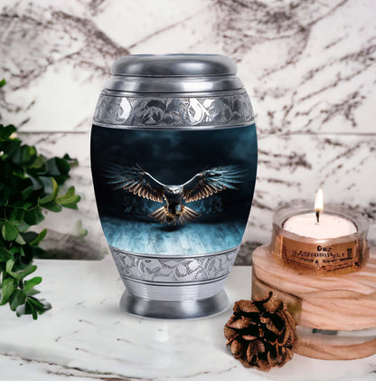 Classic 10-inch eagle urn for human ashes, aluminum.