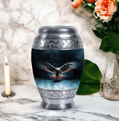 Classic 10-inch eagle urn for human ashes, aluminum.