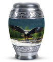 Eagle-designed personalized aluminum urn for ashes.
