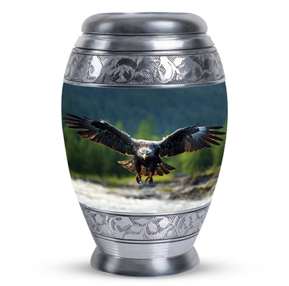 Eagle-designed personalized aluminum urn for ashes.