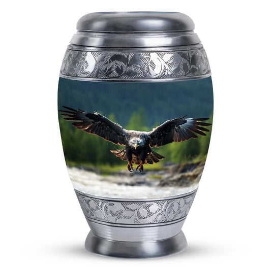 Eagle-designed personalized aluminum urn for ashes.