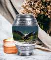 Eagle-designed personalized aluminum urn for ashes.
