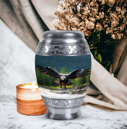 Eagle-designed personalized aluminum urn for ashes.