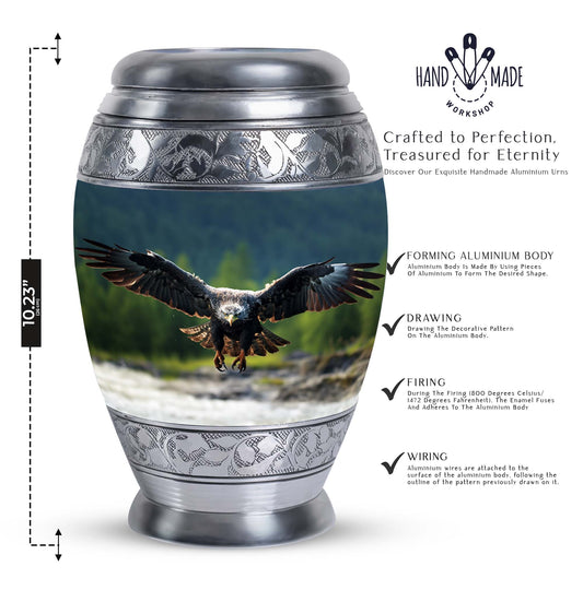 Eagle-designed personalized aluminum urn for ashes.