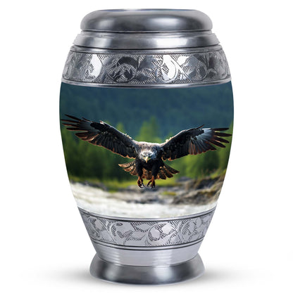 Eagle-designed personalized aluminum urn for ashes.