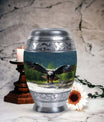 Eagle-designed personalized aluminum urn for ashes.