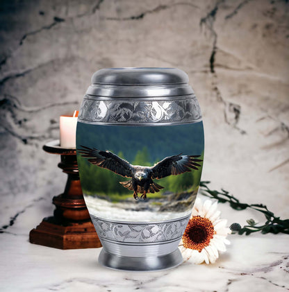 Eagle-designed personalized aluminum urn for ashes.