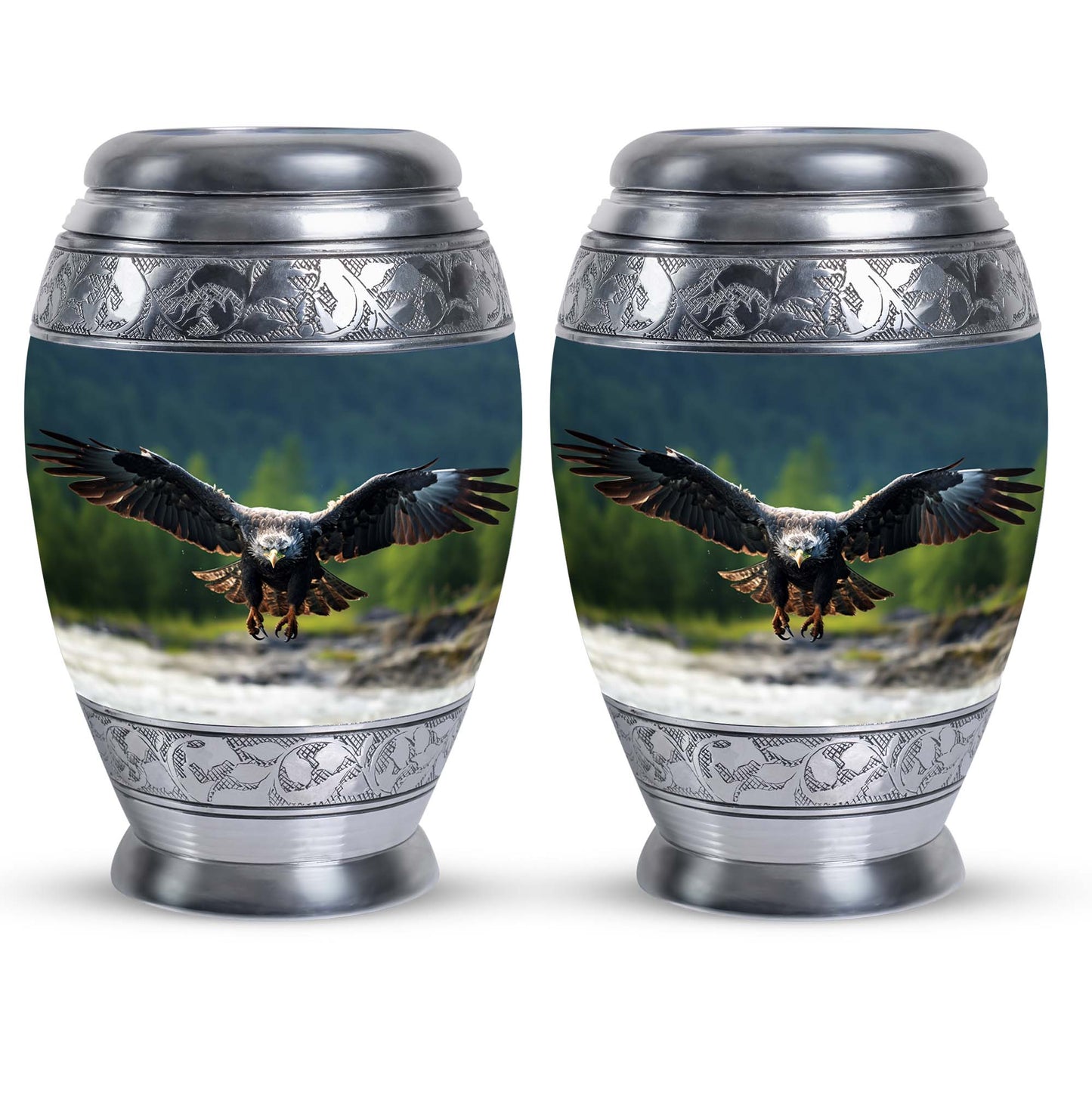 Eagle-designed personalized aluminum urn for ashes.