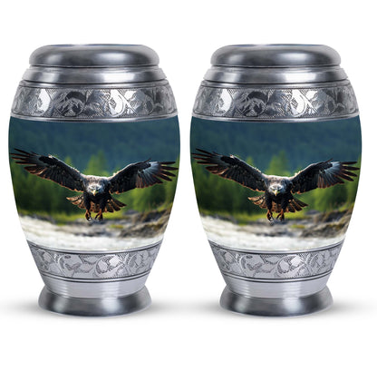 Eagle-designed personalized aluminum urn for ashes.