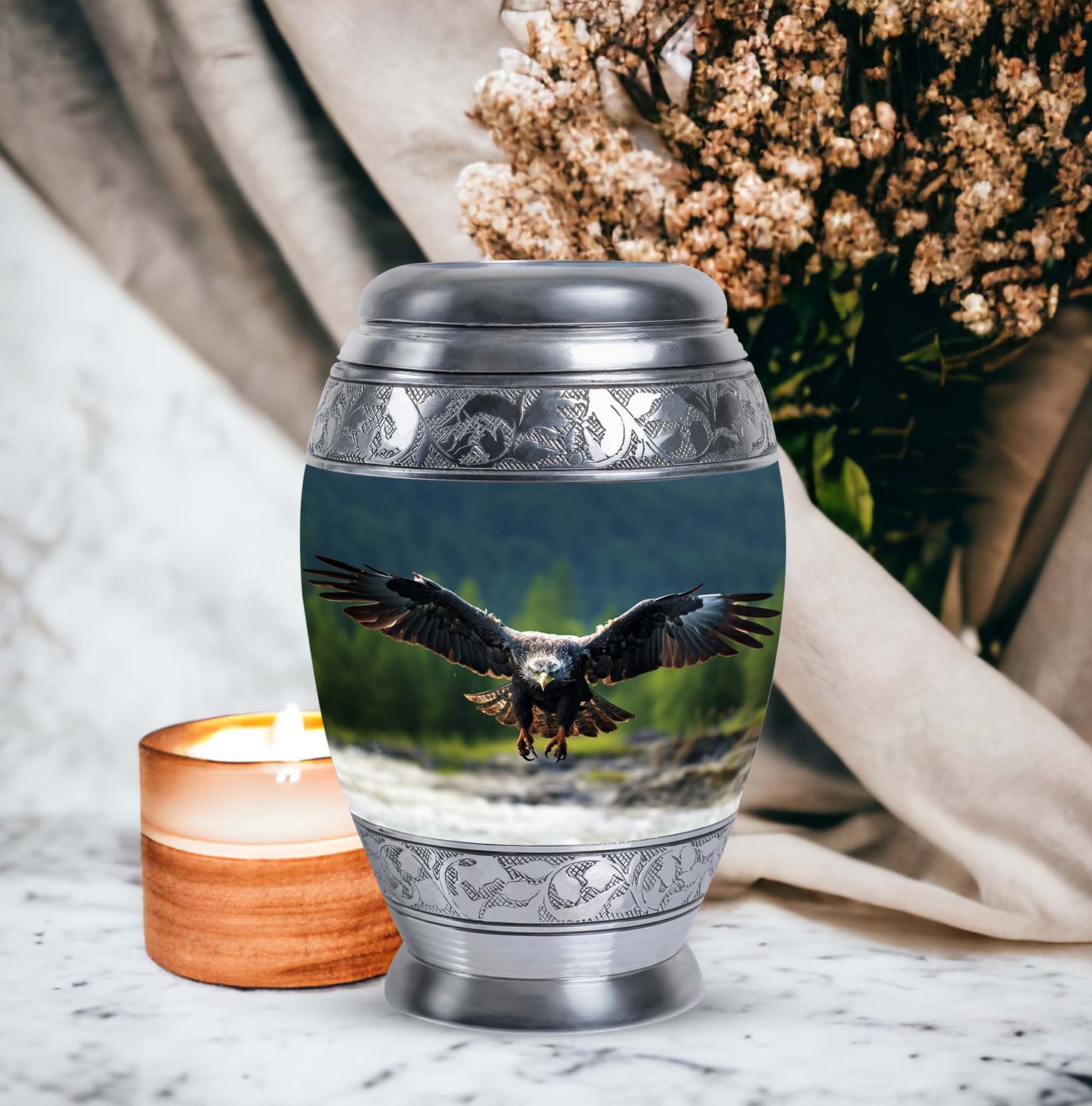 Eagle-designed personalized aluminum urn for ashes.
