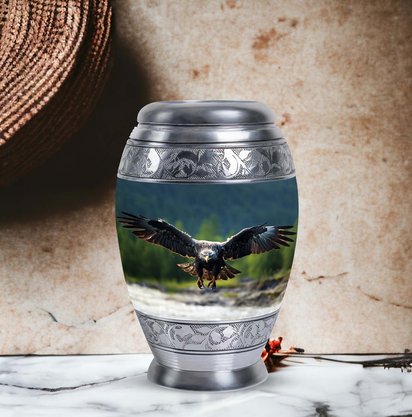 Eagle-designed personalized aluminum urn for ashes.