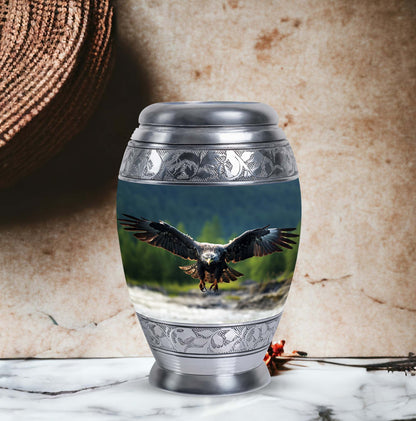 Eagle-designed personalized aluminum urn for ashes.
