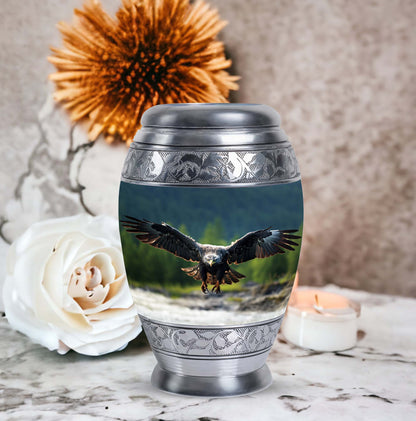 Eagle-designed personalized aluminum urn for ashes.