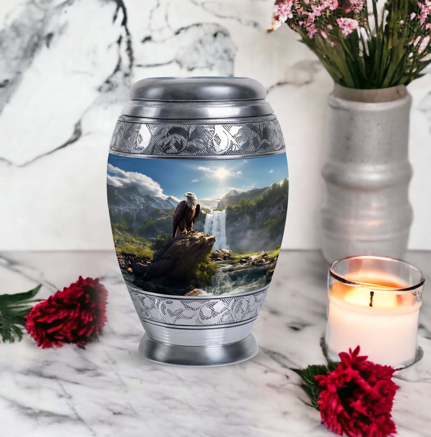 large classic aluminium Eagle urn for ashes