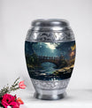 Decorative blue Greenwood urn for adult male ashes, suitable for burial in ground