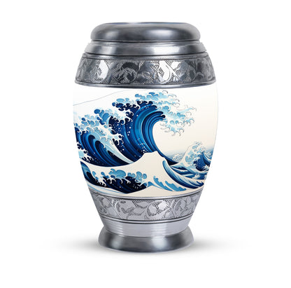 Large, white, decorative cremation urn for men with ocean waves design, suitable for adult ashes