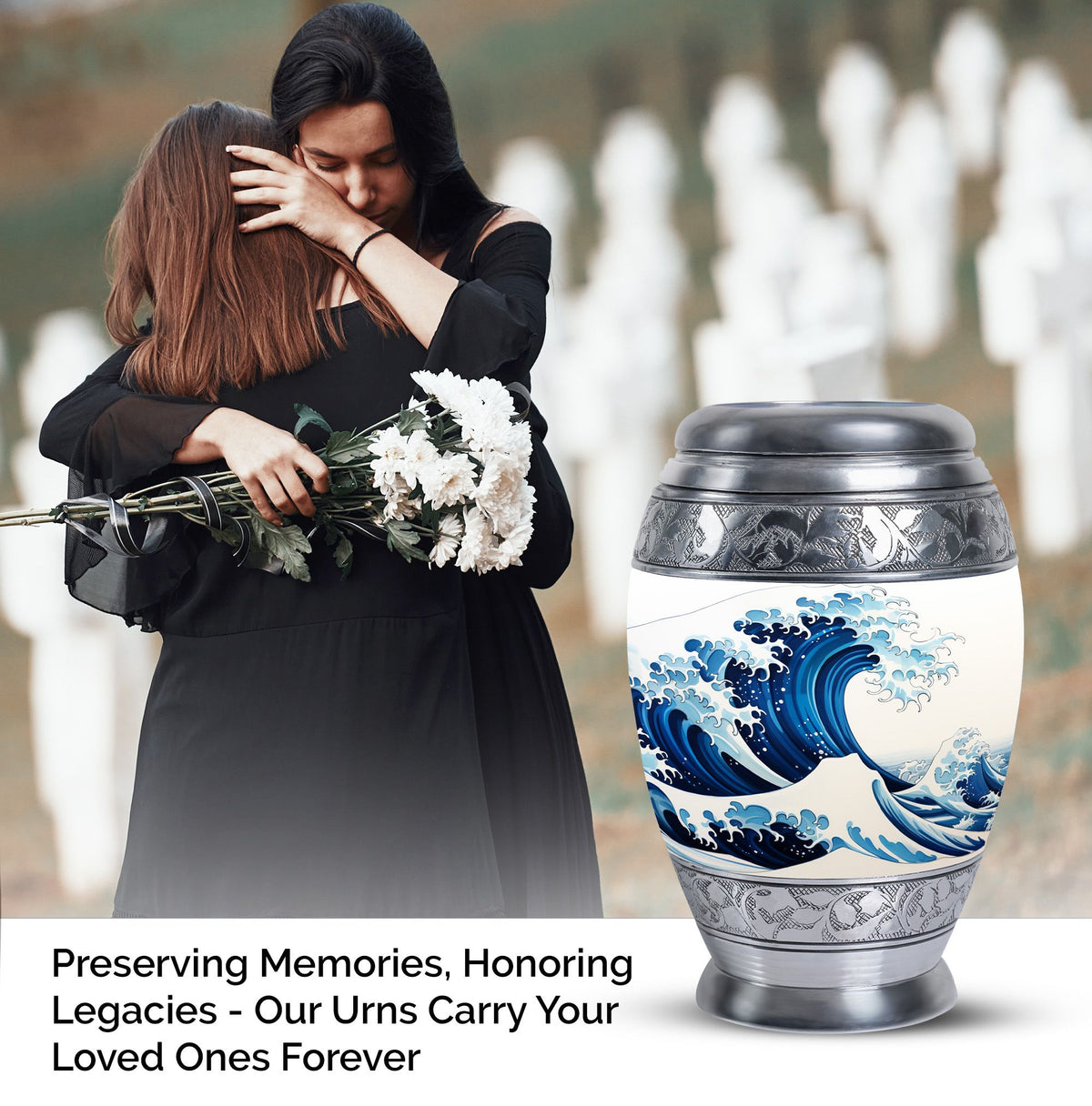 Large, white, decorative cremation urn for men with ocean waves design, suitable for adult ashes