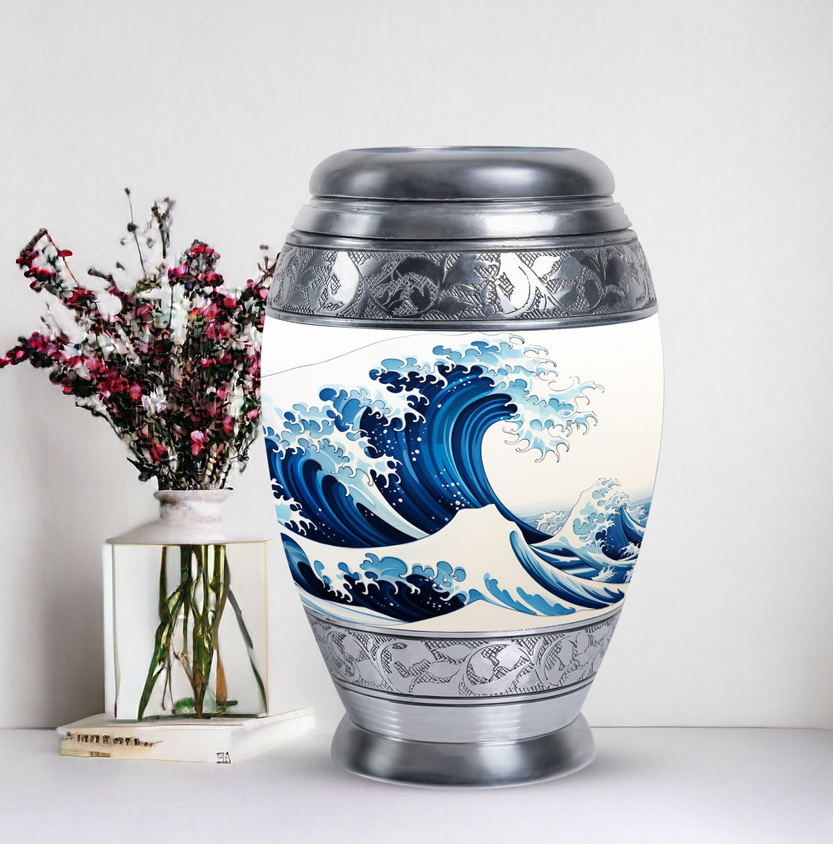 Large, white, decorative cremation urn for men with ocean waves design, suitable for adult ashes