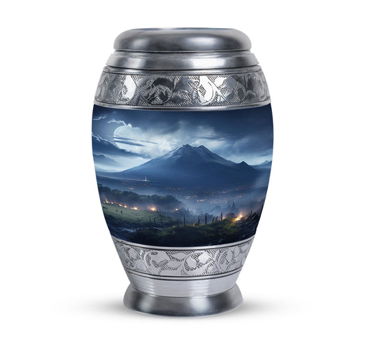 Elegant landscape urn in grey designed as a cremation box for adult female human ashes, ideal as a mom urn