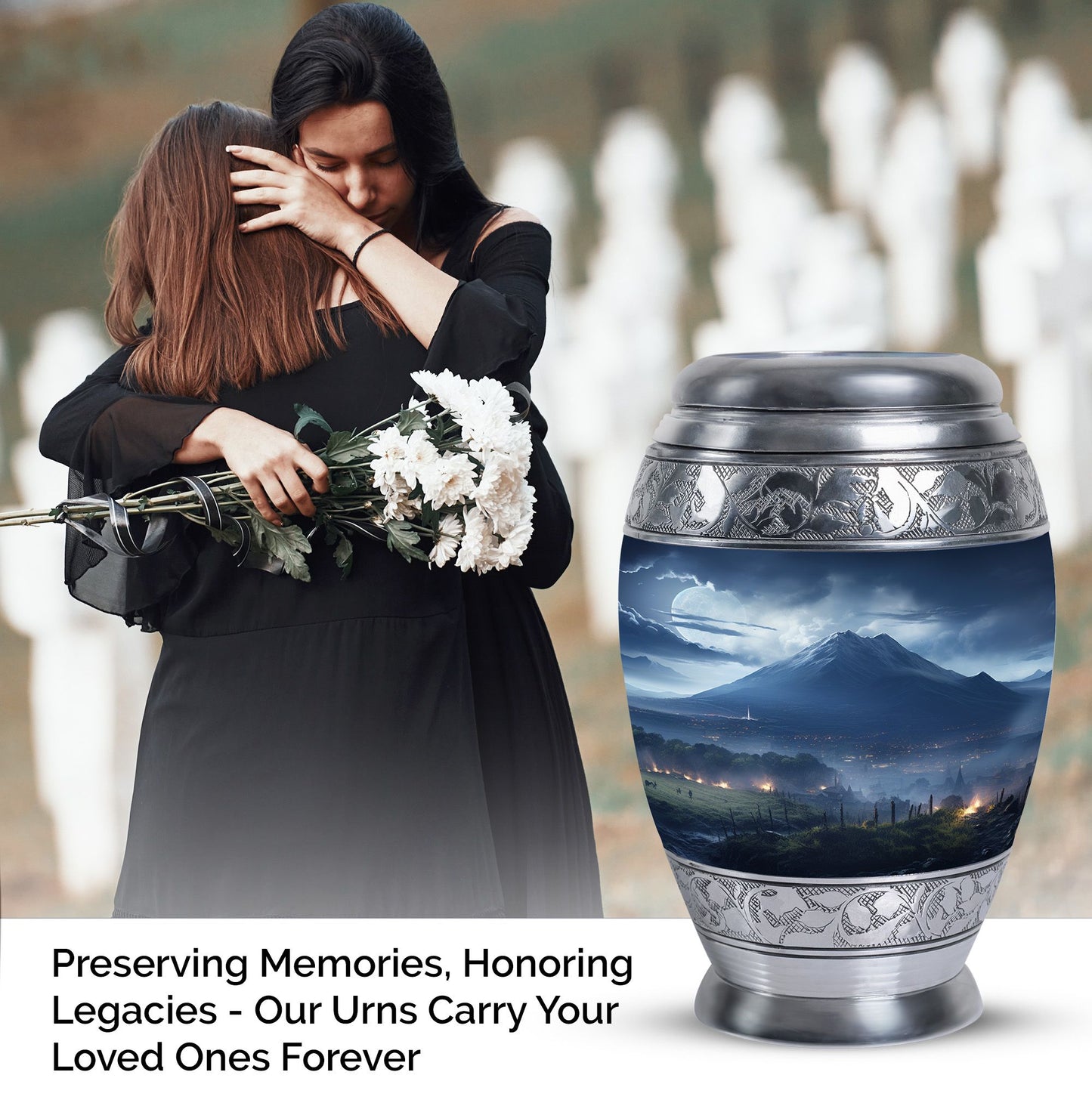 Elegant landscape urn in grey designed as a cremation box for adult female human ashes, ideal as a mom urn