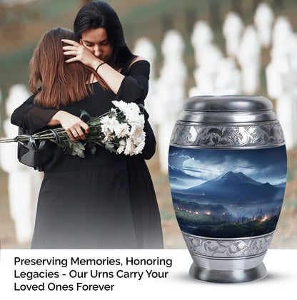 Elegant landscape urn in grey designed as a cremation box for adult female human ashes, ideal as a mom urn