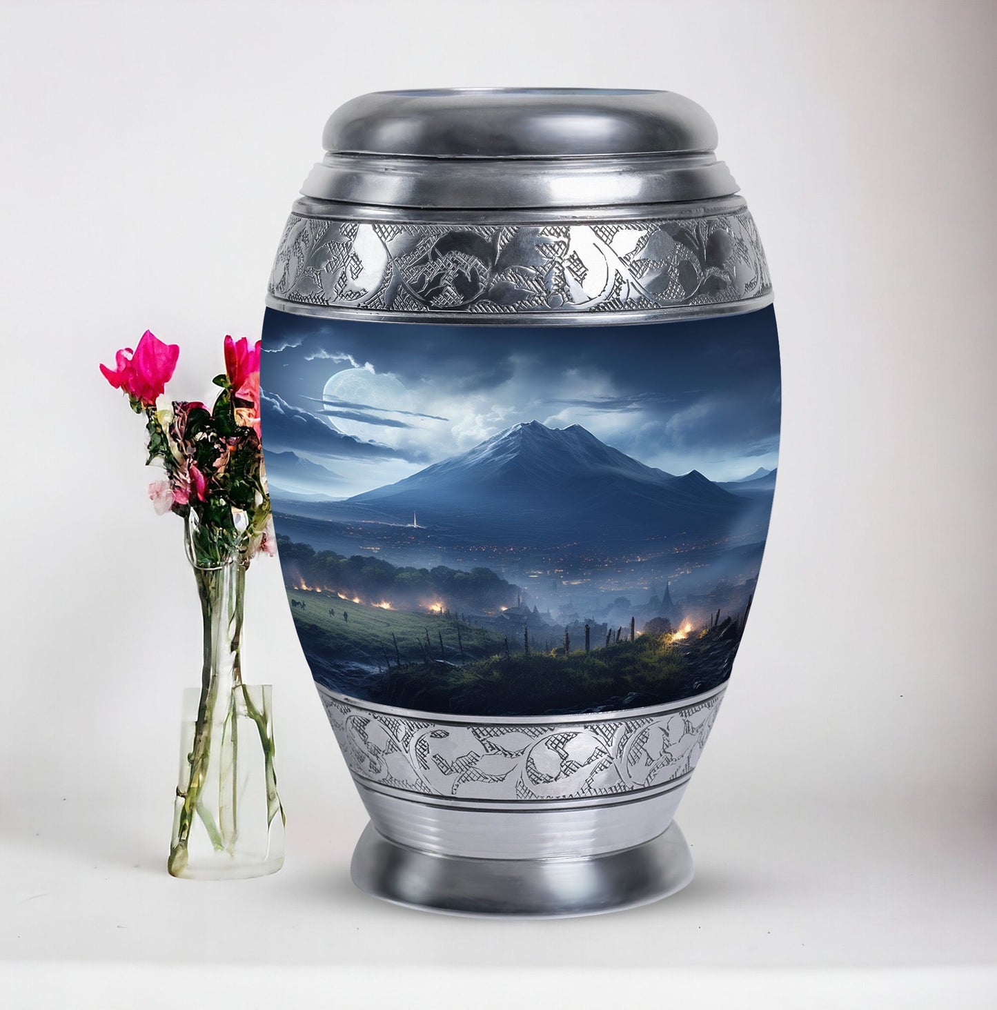 Elegant landscape urn in grey designed as a cremation box for adult female human ashes, ideal as a mom urn