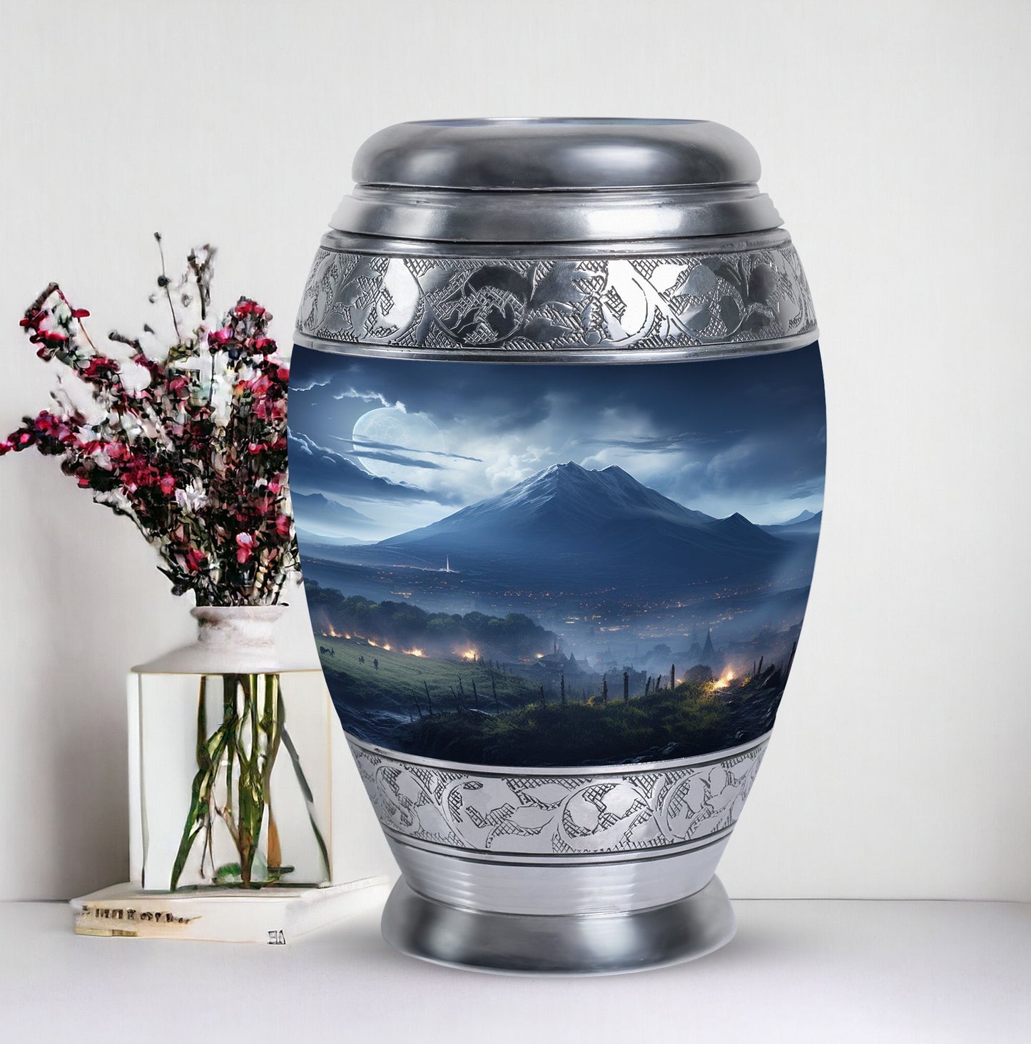 Elegant landscape urn in grey designed as a cremation box for adult female human ashes, ideal as a mom urn