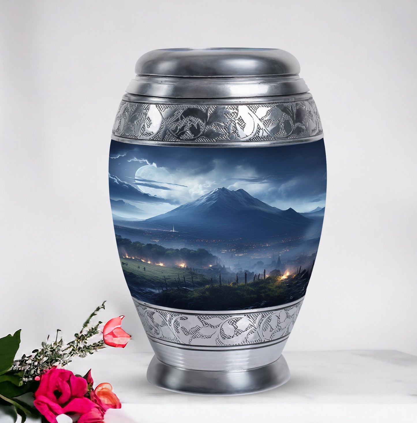 Elegant landscape urn in grey designed as a cremation box for adult female human ashes, ideal as a mom urn